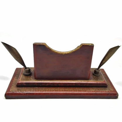 Vintage Chinese illustrated Wood Business Card and Pen-Holder Desk Stand