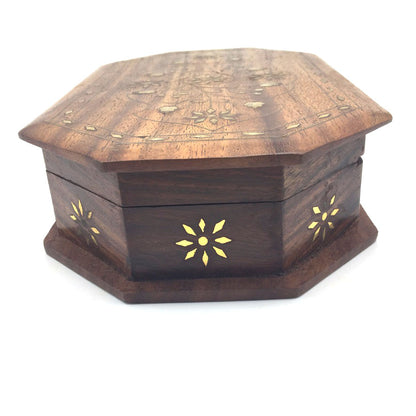 India Wood Jewelry Trinket Wooden Keepsake Box Decorative Brass Inlays 8" Long