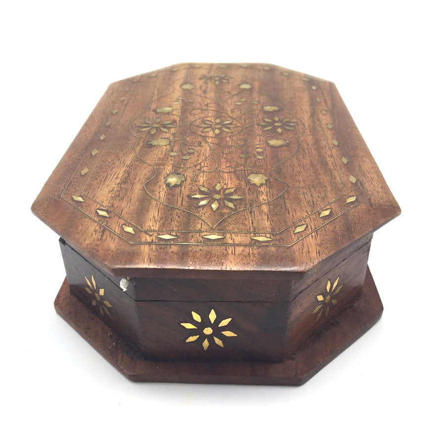 India Wood Jewelry Trinket Wooden Keepsake Box Decorative Brass Inlays 8" Long