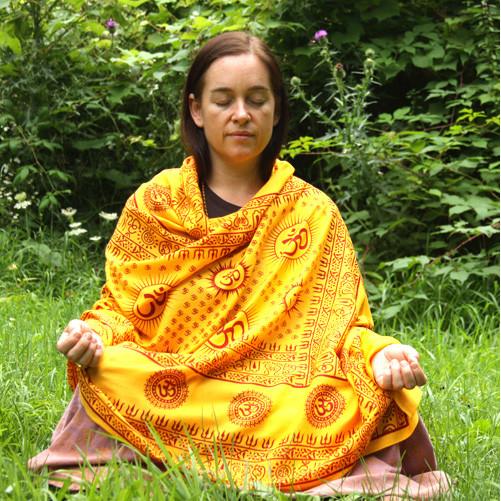 Flame Yellow Large Meditation Yoga Prayer Shawl - Mantra Om Aum Shawl - Montecinos Ethnic