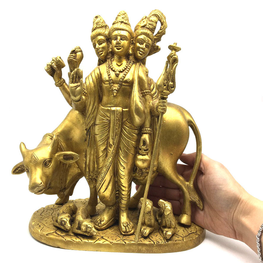 India Brass Lord Dattatreya Brahma Vishnu Maheshwara Statue Sculpture 11.5"