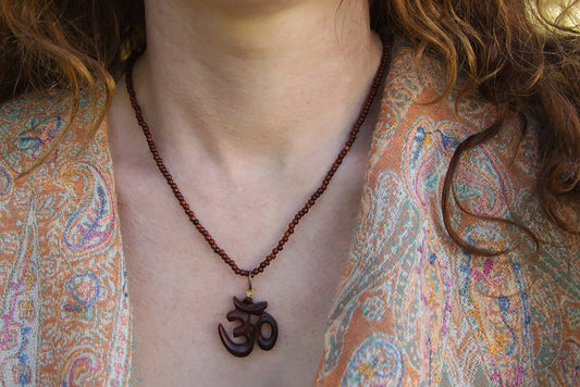 18" Rosewood Om Aum Necklace Pendant Hanmade All Natural Wood Beads Neckalce - Montecinos Ethnic