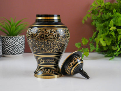 Etched Black Brass Gold Flower Motif Vase with Lid / Urn - India Home Decor 9.5"