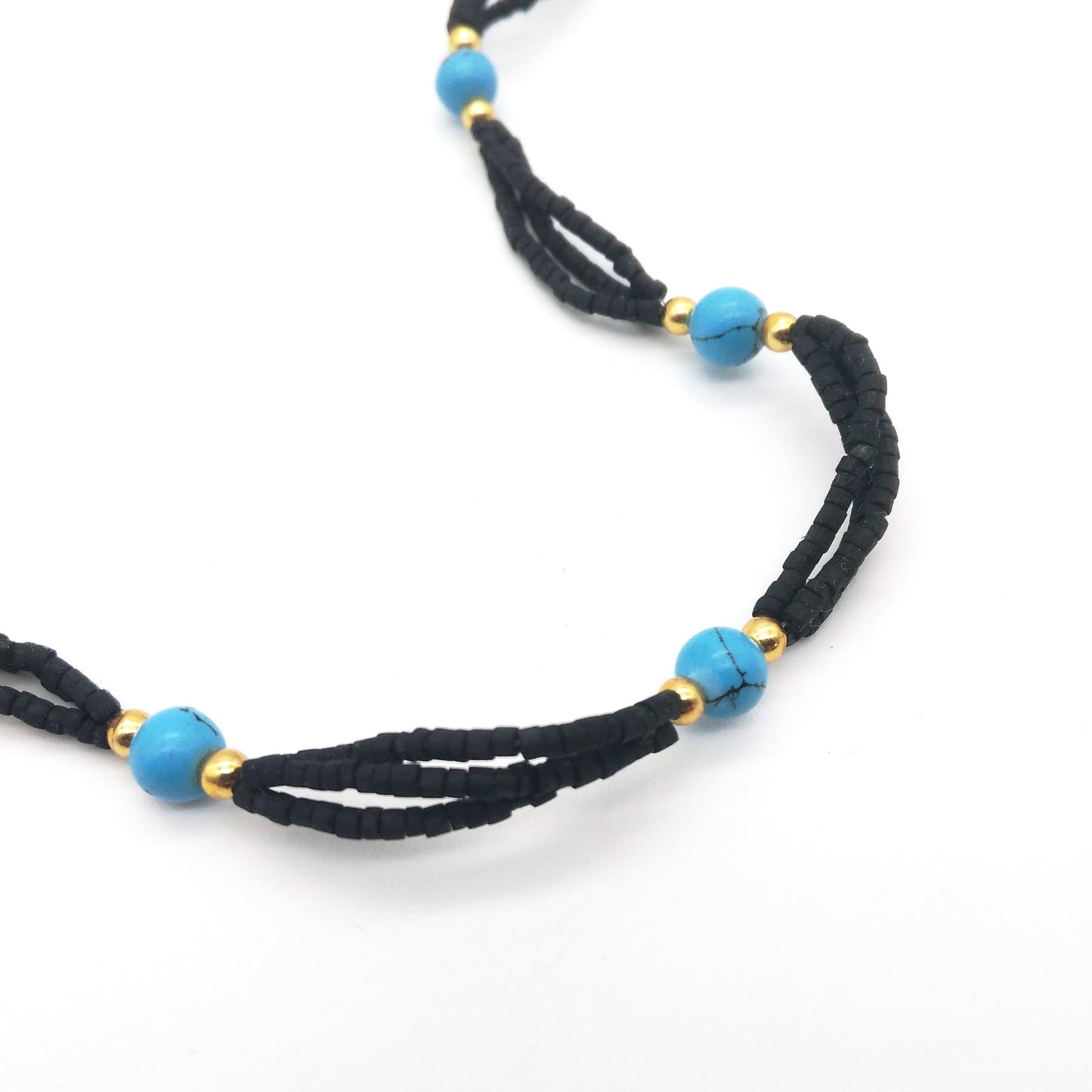 Tulsi Tulasi Necklace Black Colored Tulsi with Semi Precious Stones- Turquoise - Montecinos Ethnic