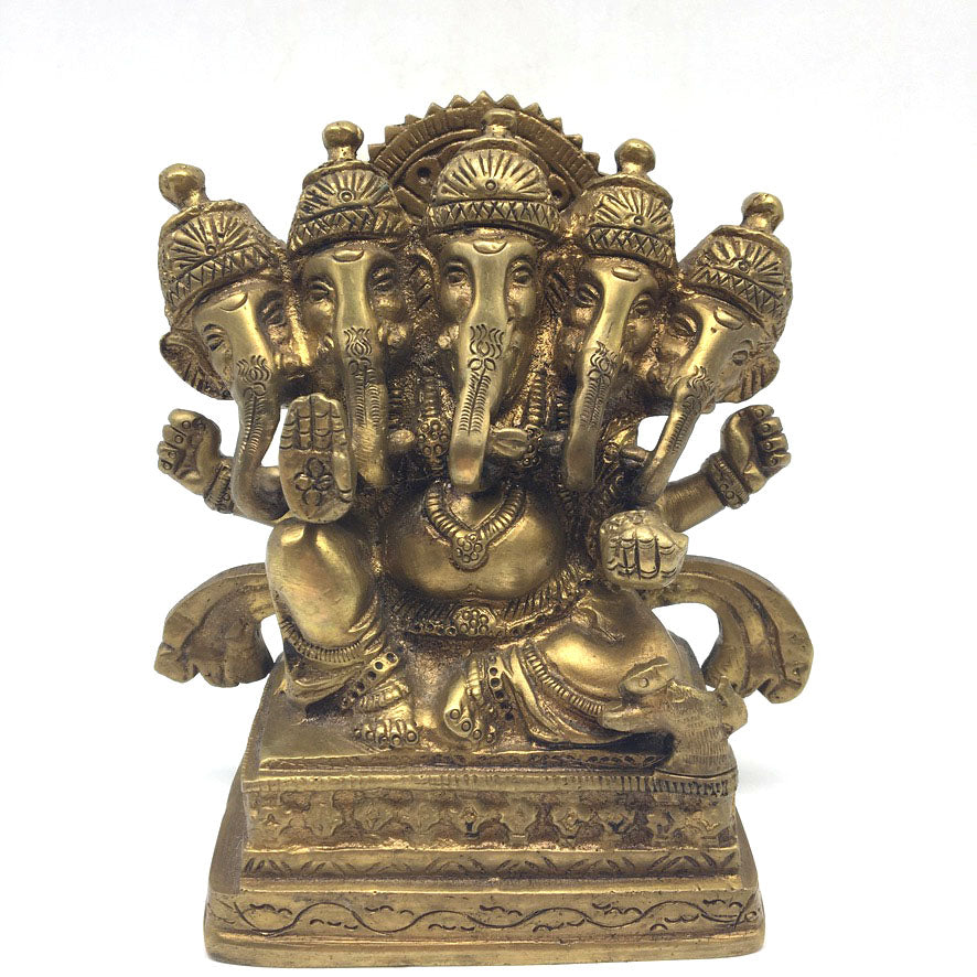 Panchmukhi Ganesha Ganapati Brass Statue Indian Elephant God Murti Statue 4.75"