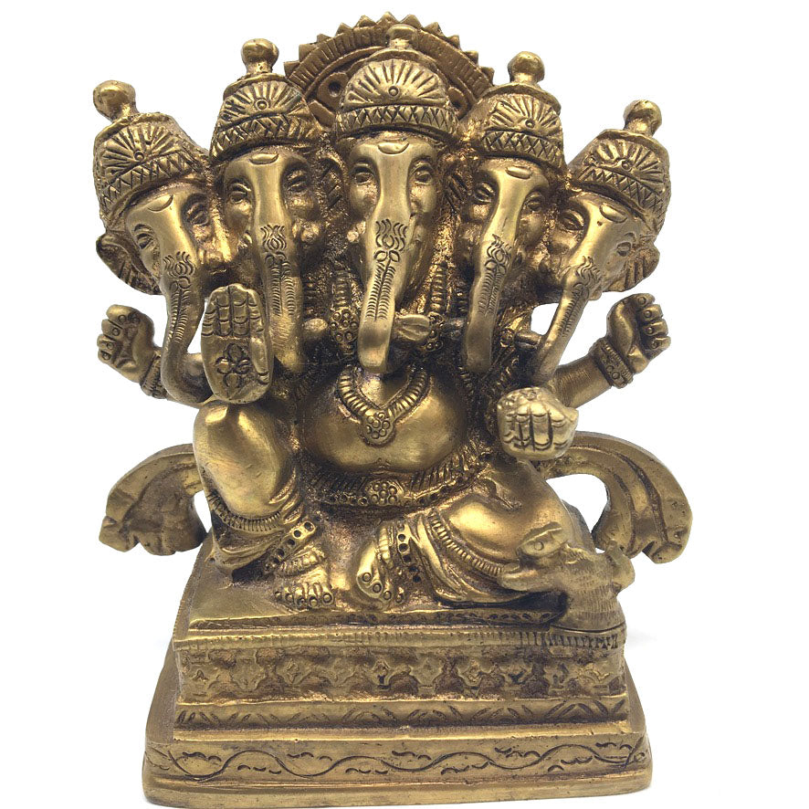 Panchmukhi Ganesha Ganapati Brass Statue Indian Elephant God Murti Statue 4.75"