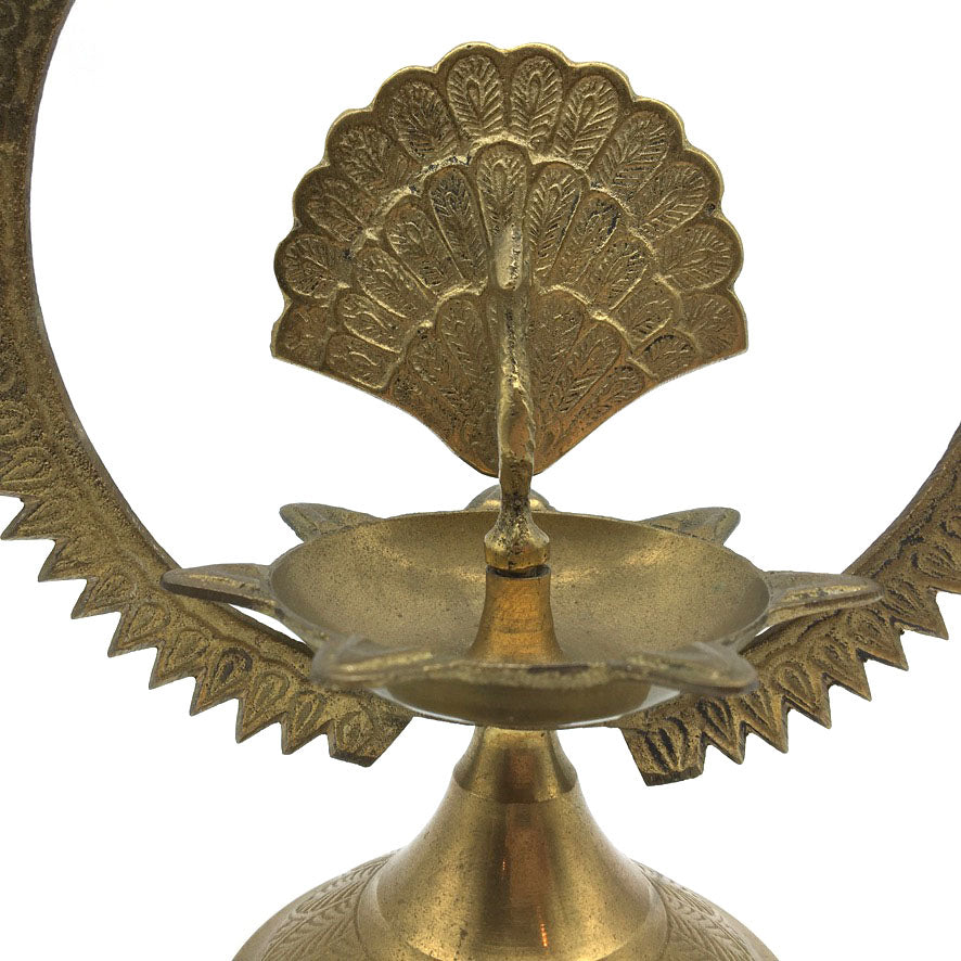 India Brass Five Wick Peacock Oil Lamp  Decorative Temple Home Puja Lamp 7.5"