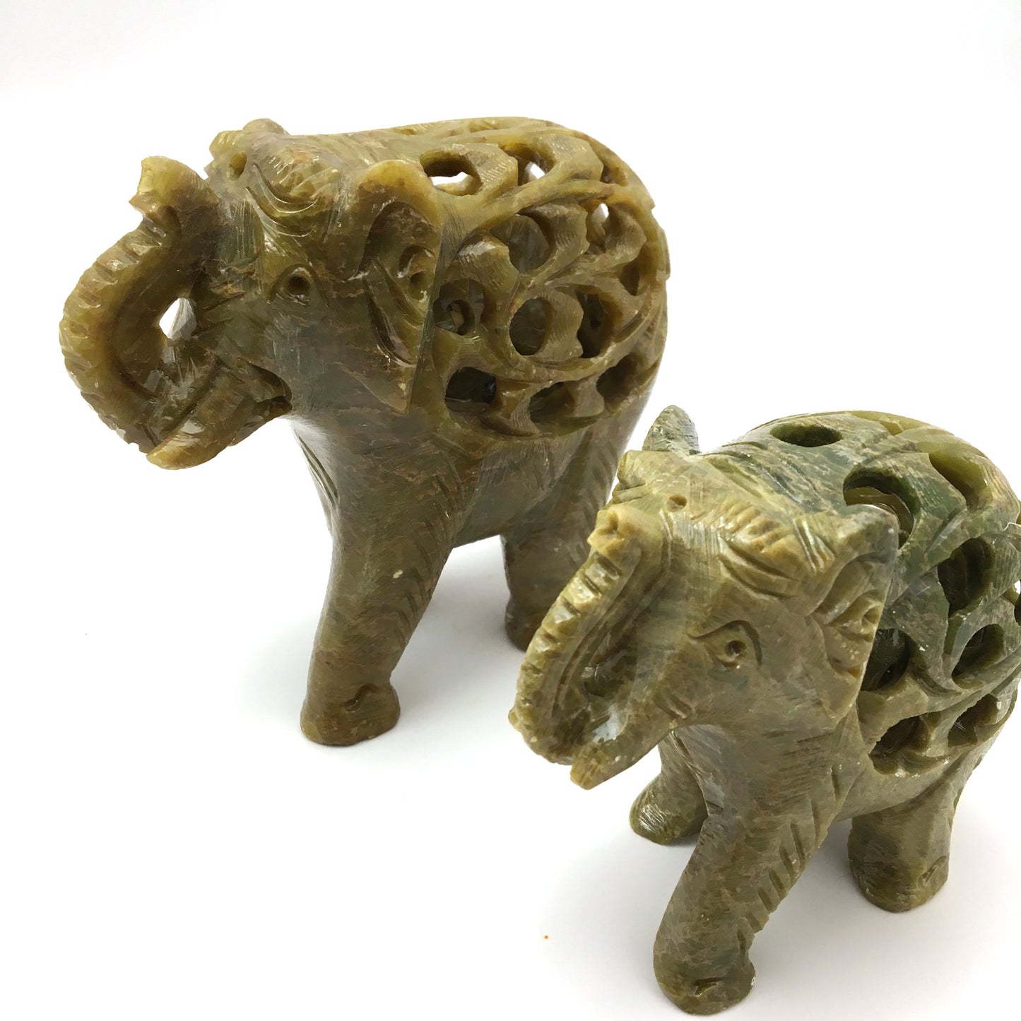 Pair Soapstone Elephants India Handcrafted with Inside Baby Elephant - Green