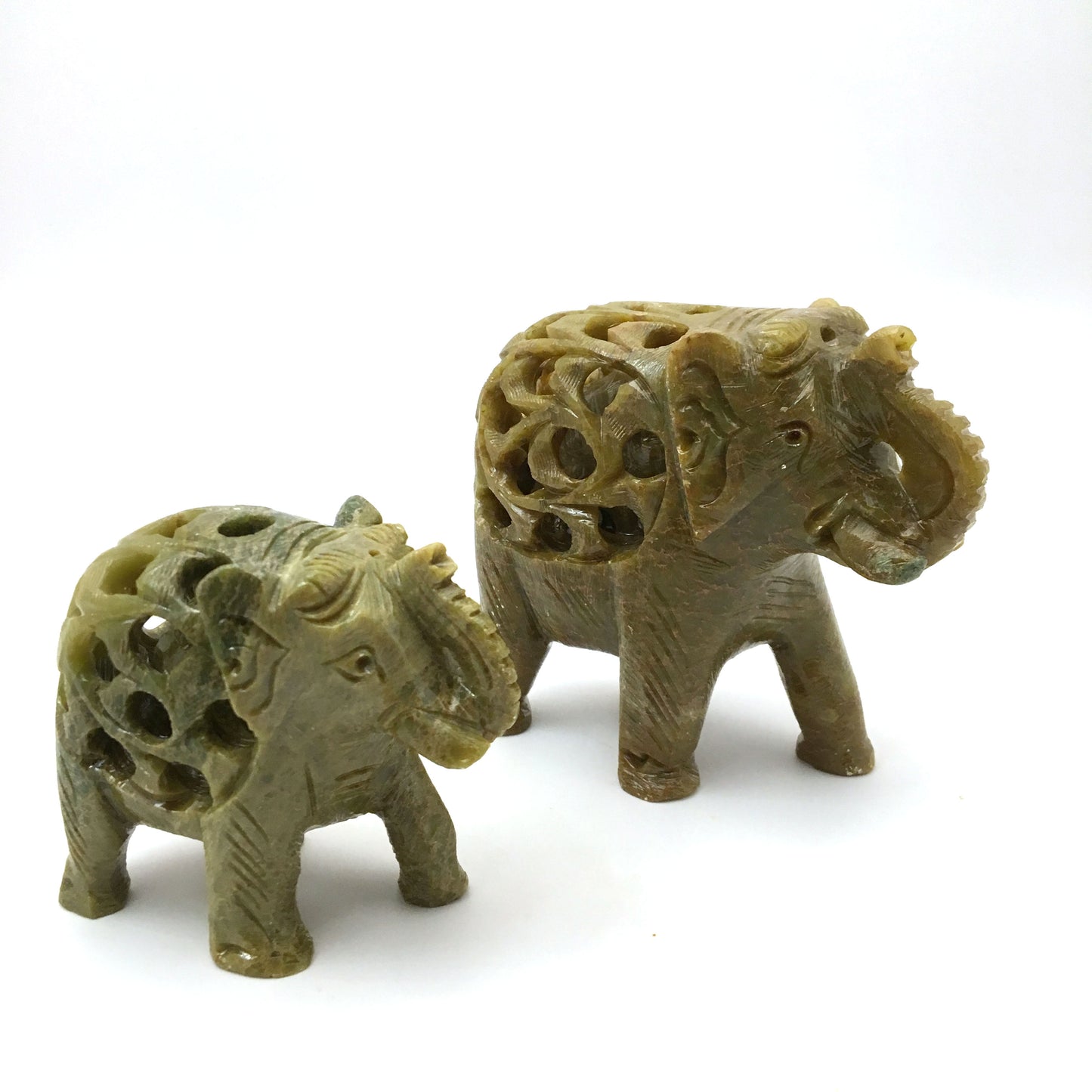 Pair Soapstone Elephants India Handcrafted with Inside Baby Elephant - Green
