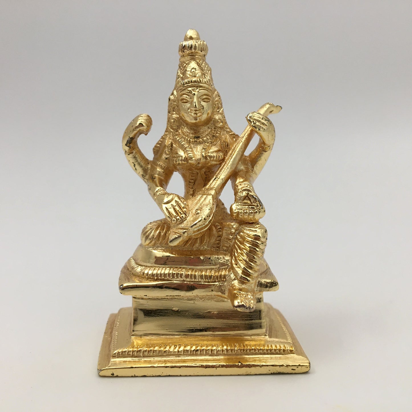 Gold-Plated Saraswati Divine Mother Statue Hindu Goddess with Veena-Handcrafted