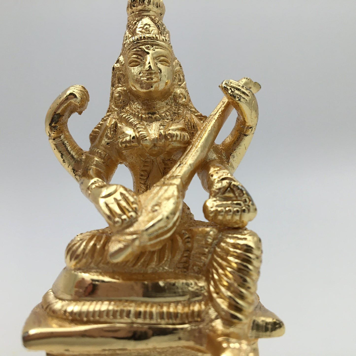 Gold-Plated Saraswati Divine Mother Statue Hindu Goddess with Veena-Handcrafted