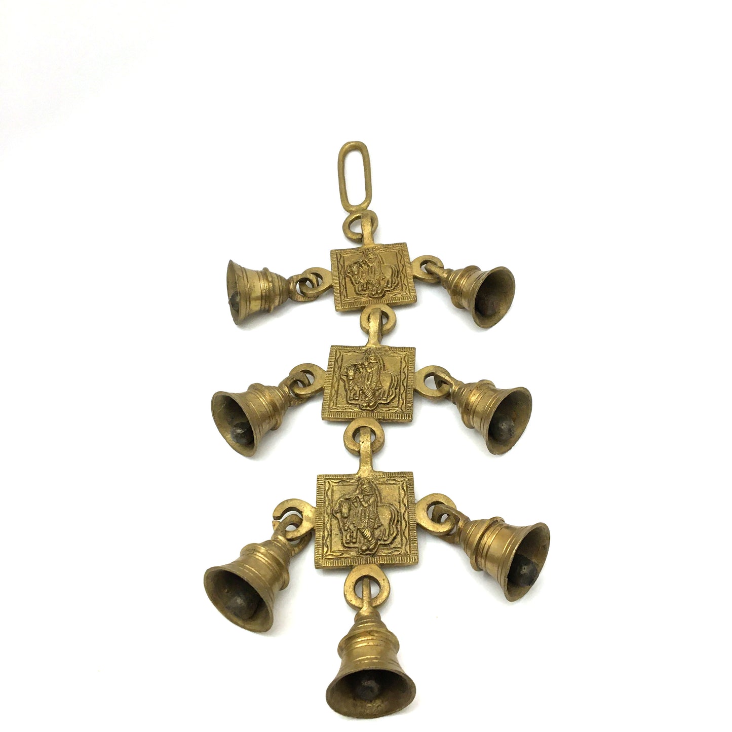 7 Brass Bells Hanging Decorative Carved - India God Lord Krishna Playing Flute 1
