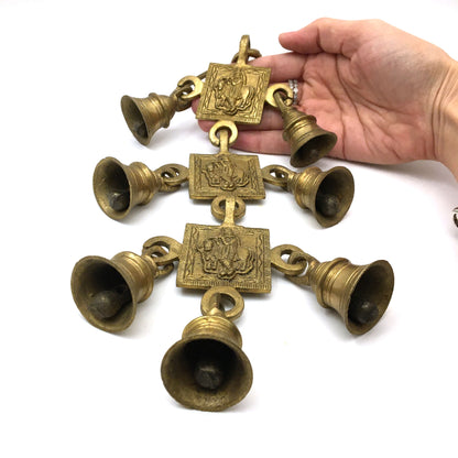 7 Brass Bells Hanging Decorative Carved - India God Lord Krishna Playing Flute 1