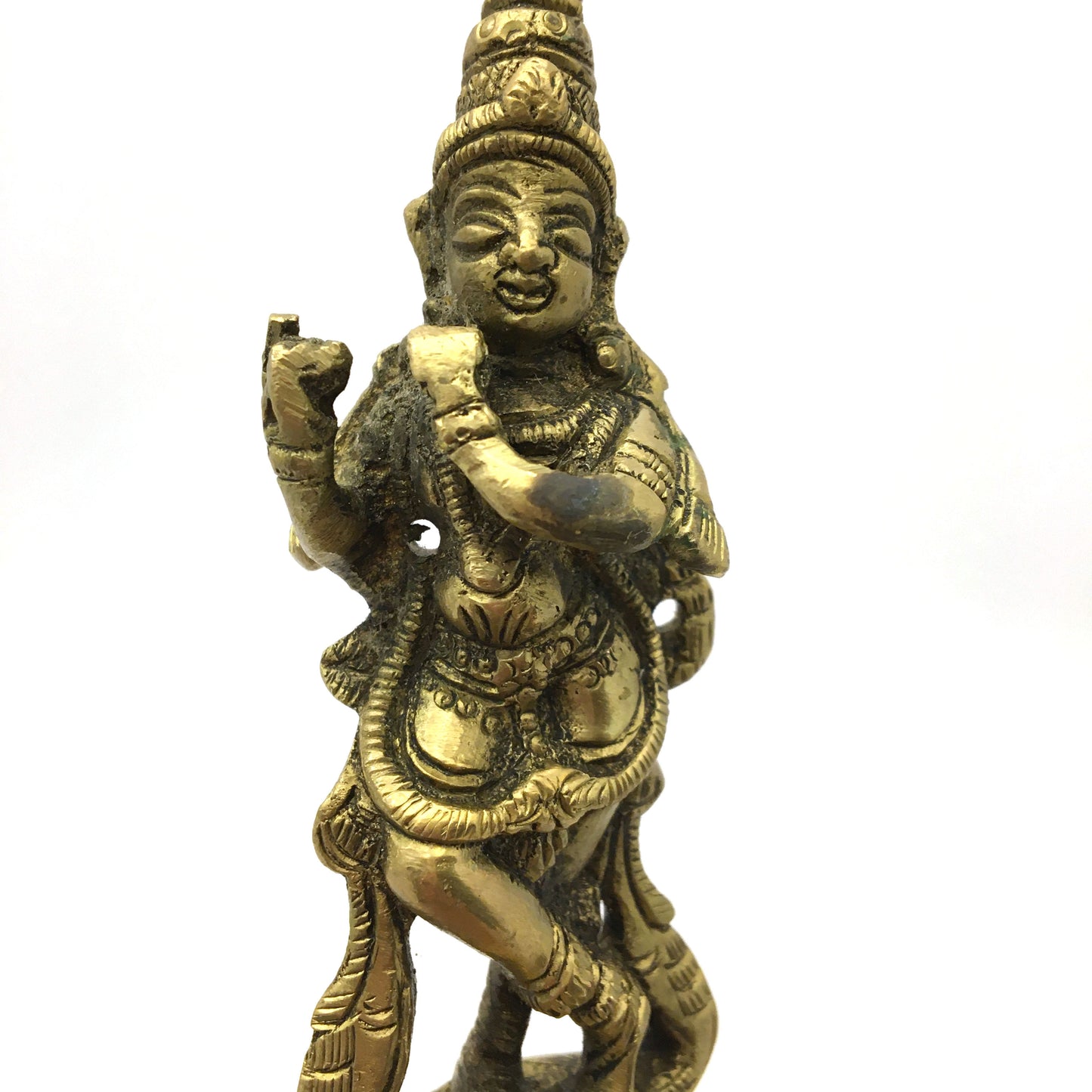 Ornate Brass Havan Puja spoon with Lord Krishna Decoration Handmade 9.75" Long