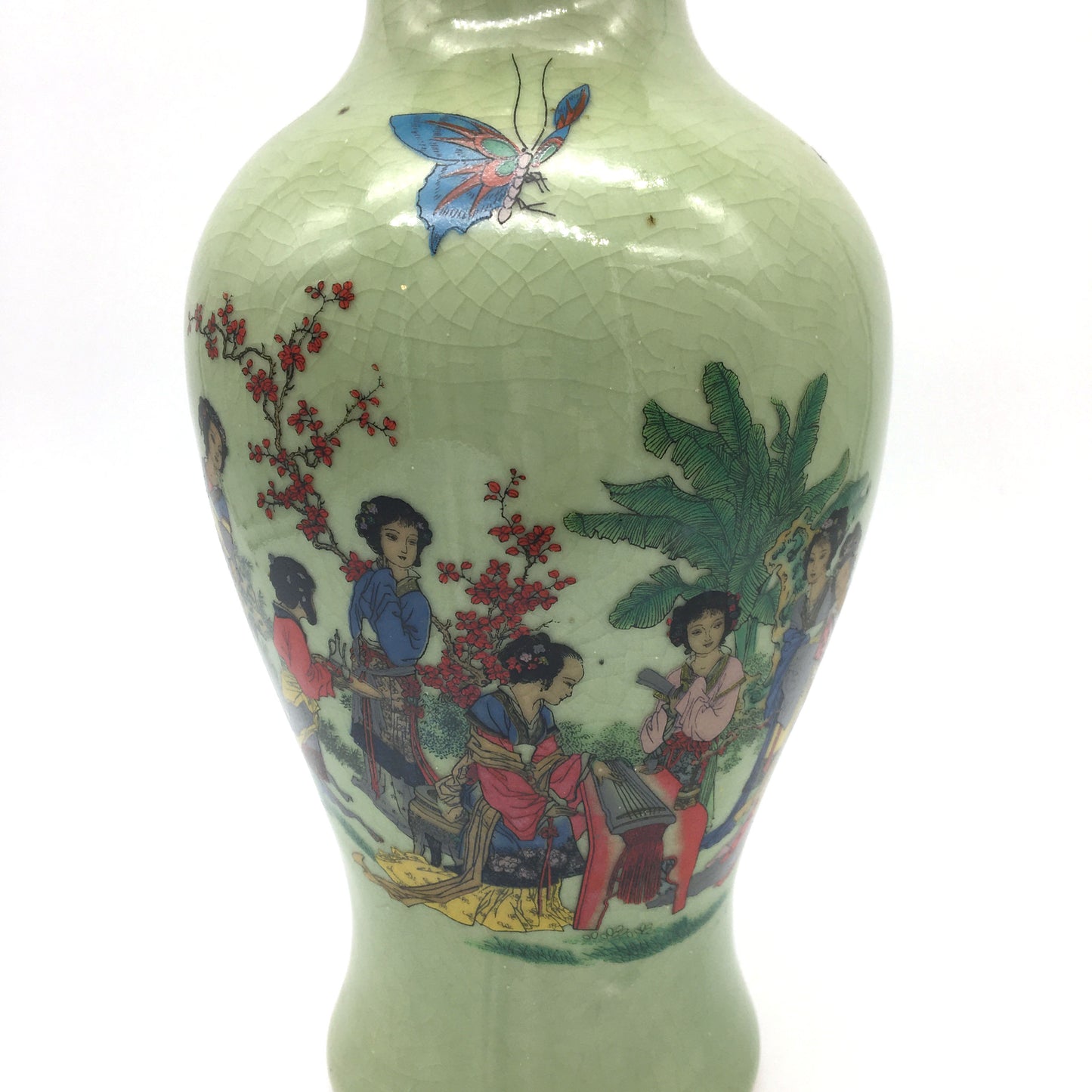 Oriental Crackle Ceramic Vase Hand-painted Women in Nature Vase 9.25"- Green