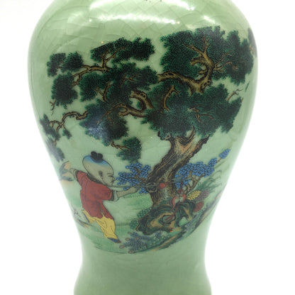 Oriental Crackle Ceramic Vase Hand-painted Children Playing in Nature Vase 9.5"
