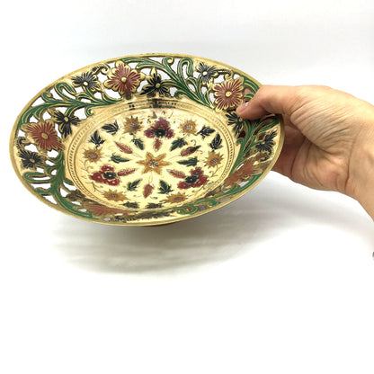 Ornate Brass Cutout Bowl Centerpiece Brass - Colorful Detailed India Handmade