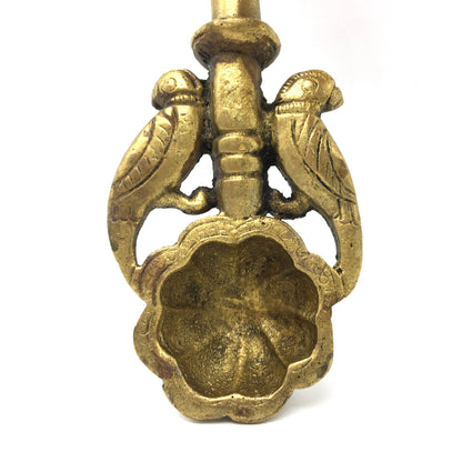 Ornate Brass Havan Puja Spoon with Parrots Decoration Handmade 7.5" Long