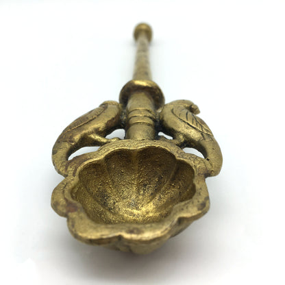 Ornate Brass Havan Puja Spoon with Parrots Decoration Handmade 7.5" Long