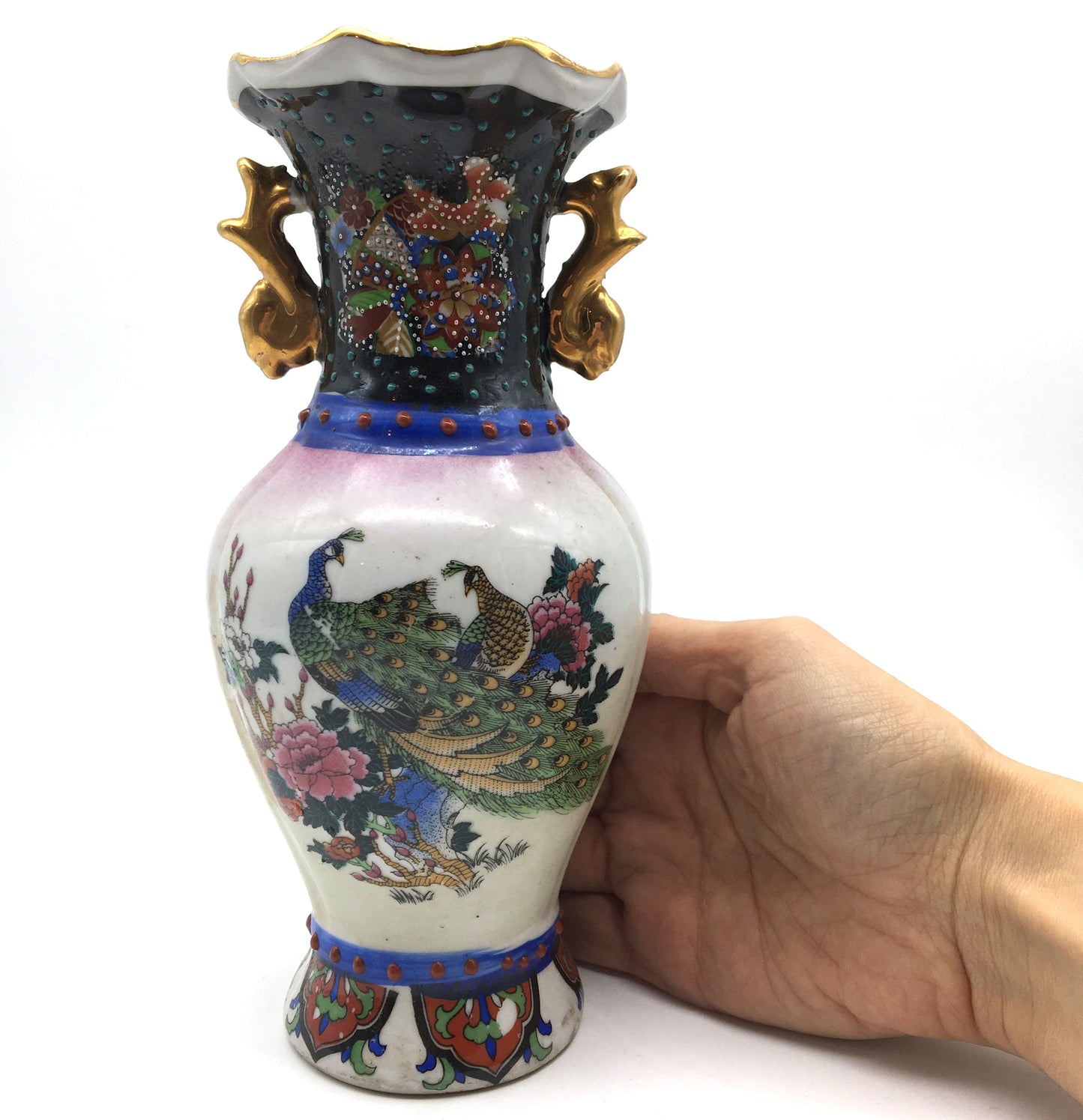 Oriental Ceramic Hand-painted Peacocks Flowers Nature Decorative Vase 7.75"