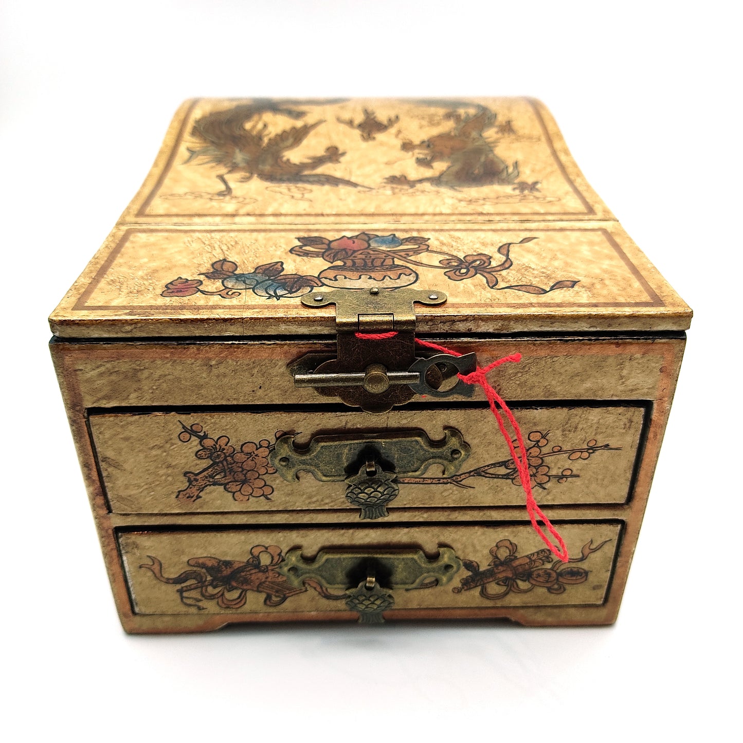 Oriental Jewelry Mirror Trinket Keepsake Wood Decorative Box - Handmade 8.25"