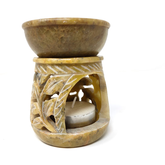 Green Soapstone Oil Diffuser Oil Burner Candle Holder Hand-carved India 3.5" Tall