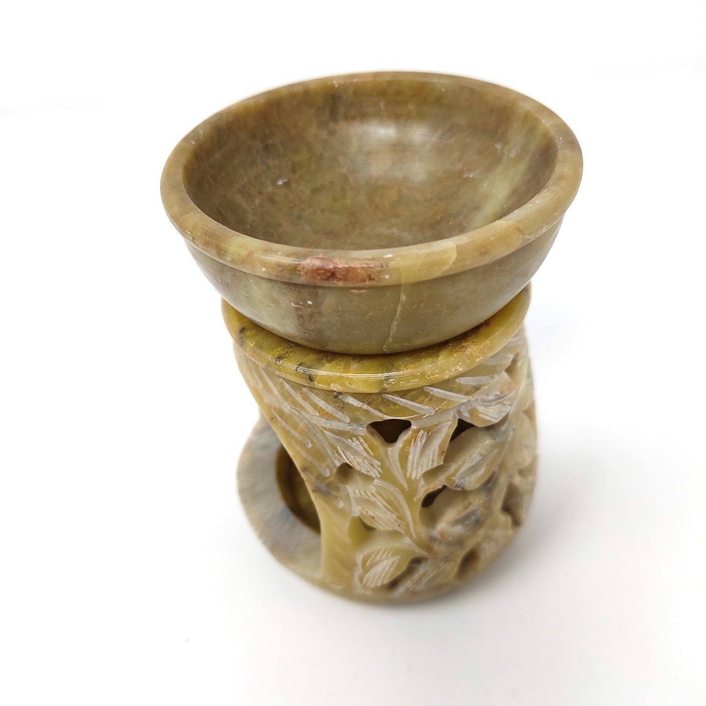 Green Soapstone Oil Diffuser Oil Burner Candle Holder Hand-carved India 3.5" Tall