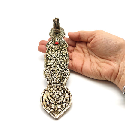 Ornate Incense Burner Holder Silver Metal Ganesh Ash Catcher Red Decorative 8"
