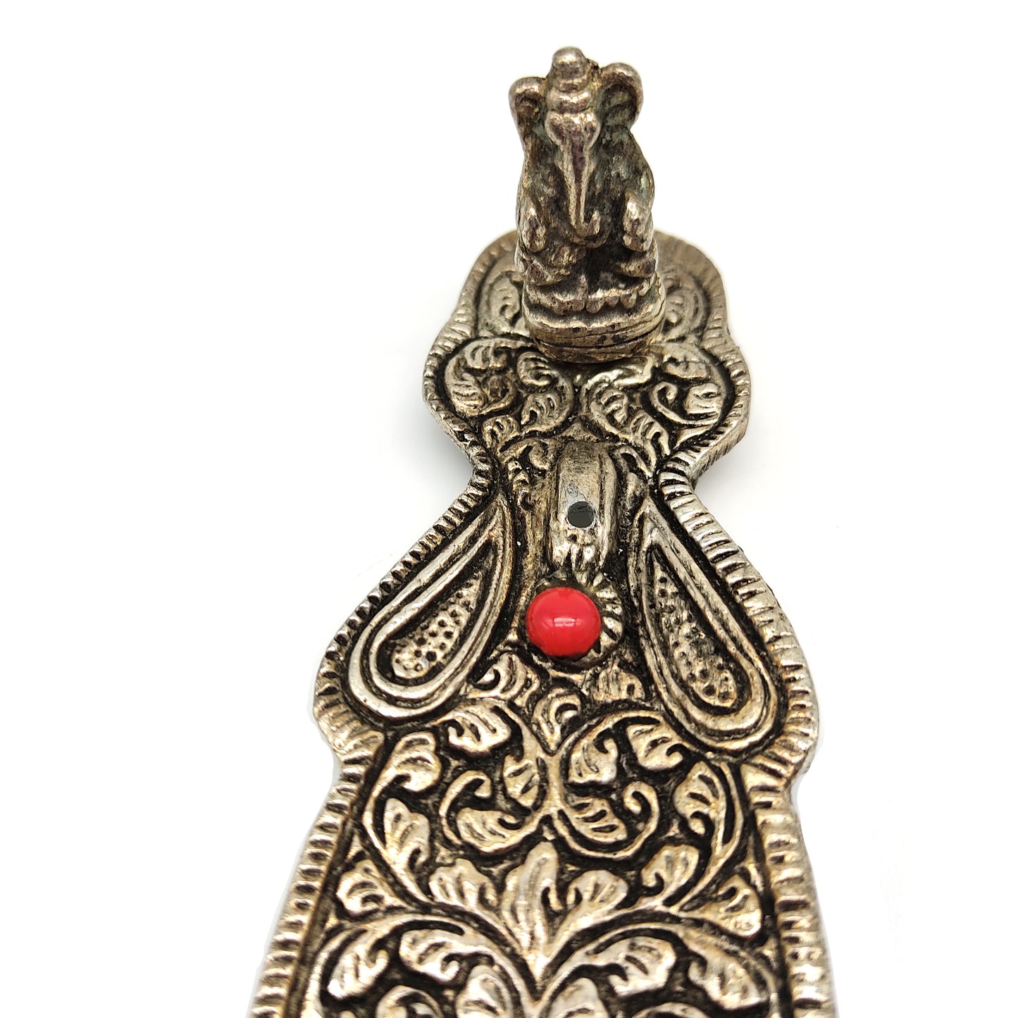 Ornate Incense Burner Holder Silver Metal Ganesh Ash Catcher Red Decorative 8"