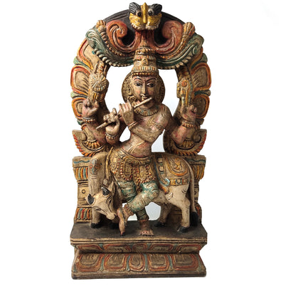 Venugopala Krishna Wood Carving Wall Hanging Hand-carved Home Decor 18.25"