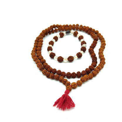 Set - Rudraksha Mala or Necklace 108 Beads With Rudraksha Moonstone Bracelet
