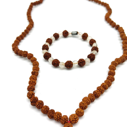 Set - Rudraksha Mala or Necklace 108 Beads With Rudraksha Moonstone Bracelet