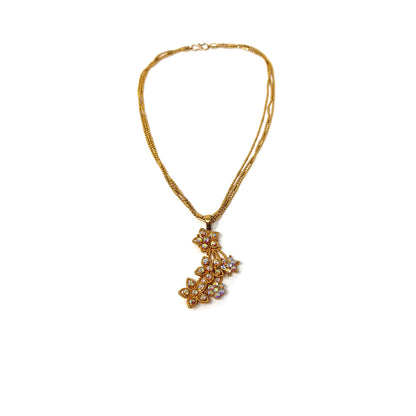 Fashion Three Strand Gold Tone Necklace W/Lovely Flowers Studded Pendant 9.75"
