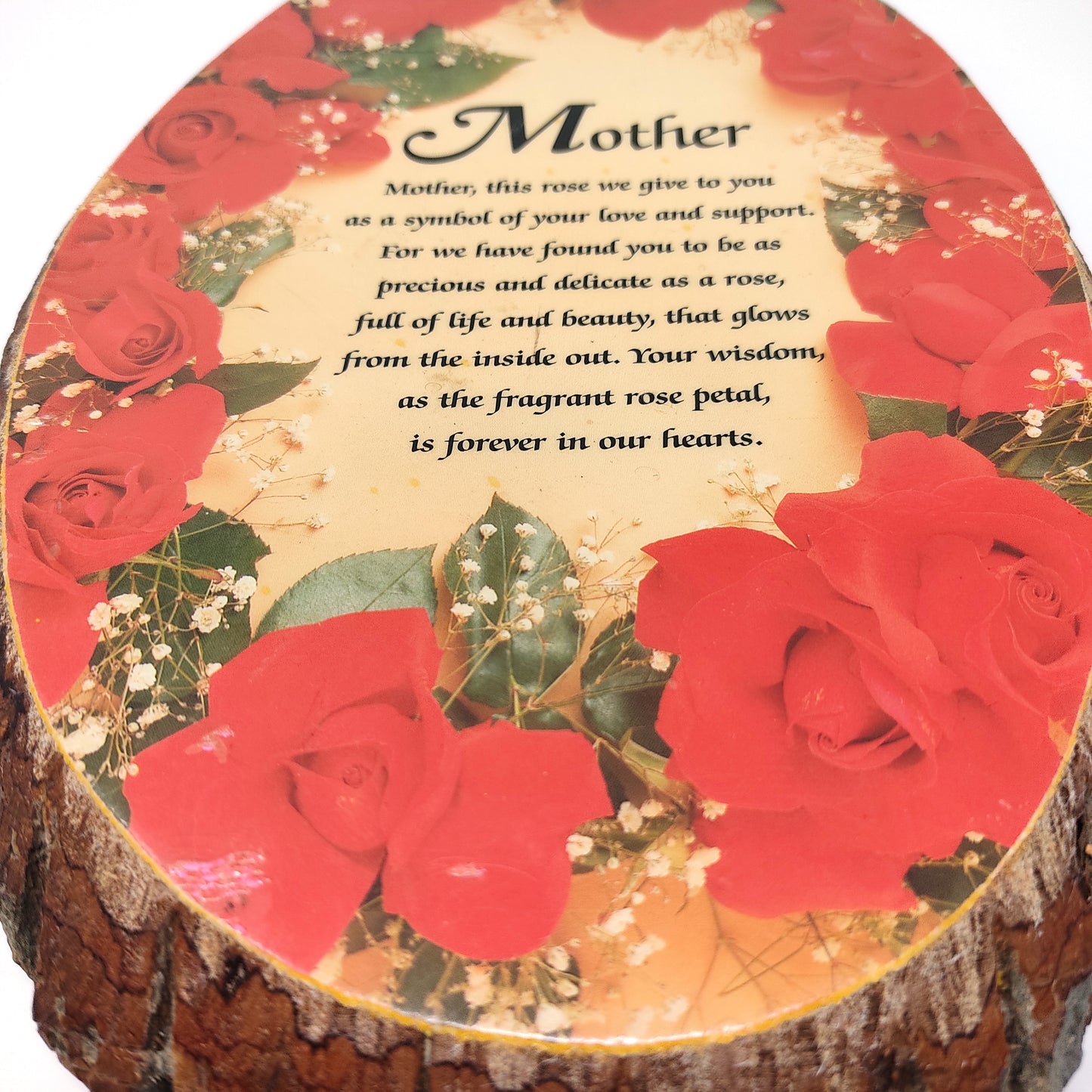 Natural Wood Slab Tree Bark Plaque Wall Hanging Mother Roses Decorative 10" Tall