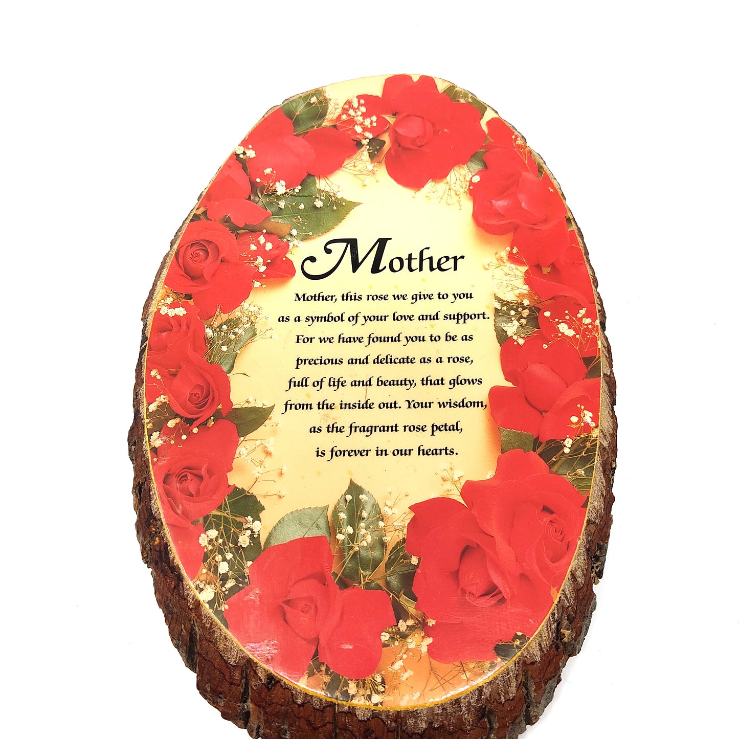 Natural Wood Slab Tree Bark Plaque Wall Hanging Mother Roses Decorative 10" Tall