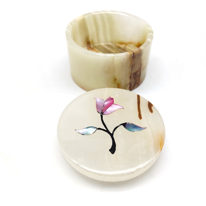 White Onyx Trinket Storage Jewelry Box Hand-painted Flower 2.5" India Handmade