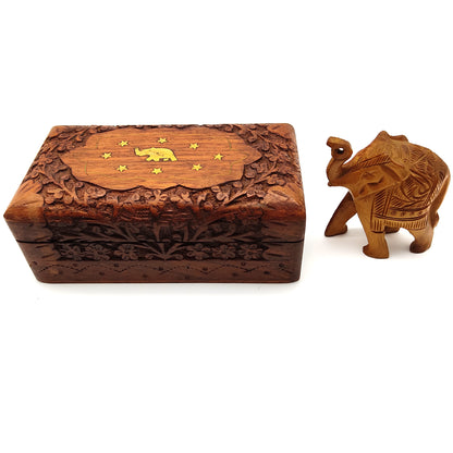 Wood Jewelry Trinket Box Decorative Keepsake With Wood Elephant Figurine Statue
