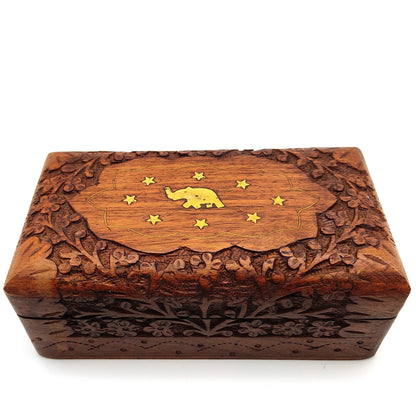 Wood Jewelry Trinket Box Decorative Keepsake With Wood Elephant Figurine Statue