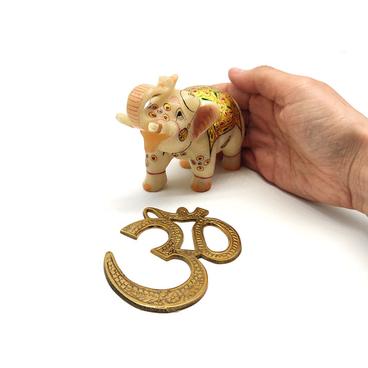 Brass Aum Om Symbol And Elephant Trunk Up Gilded Statue Figurine -Beautiful Set