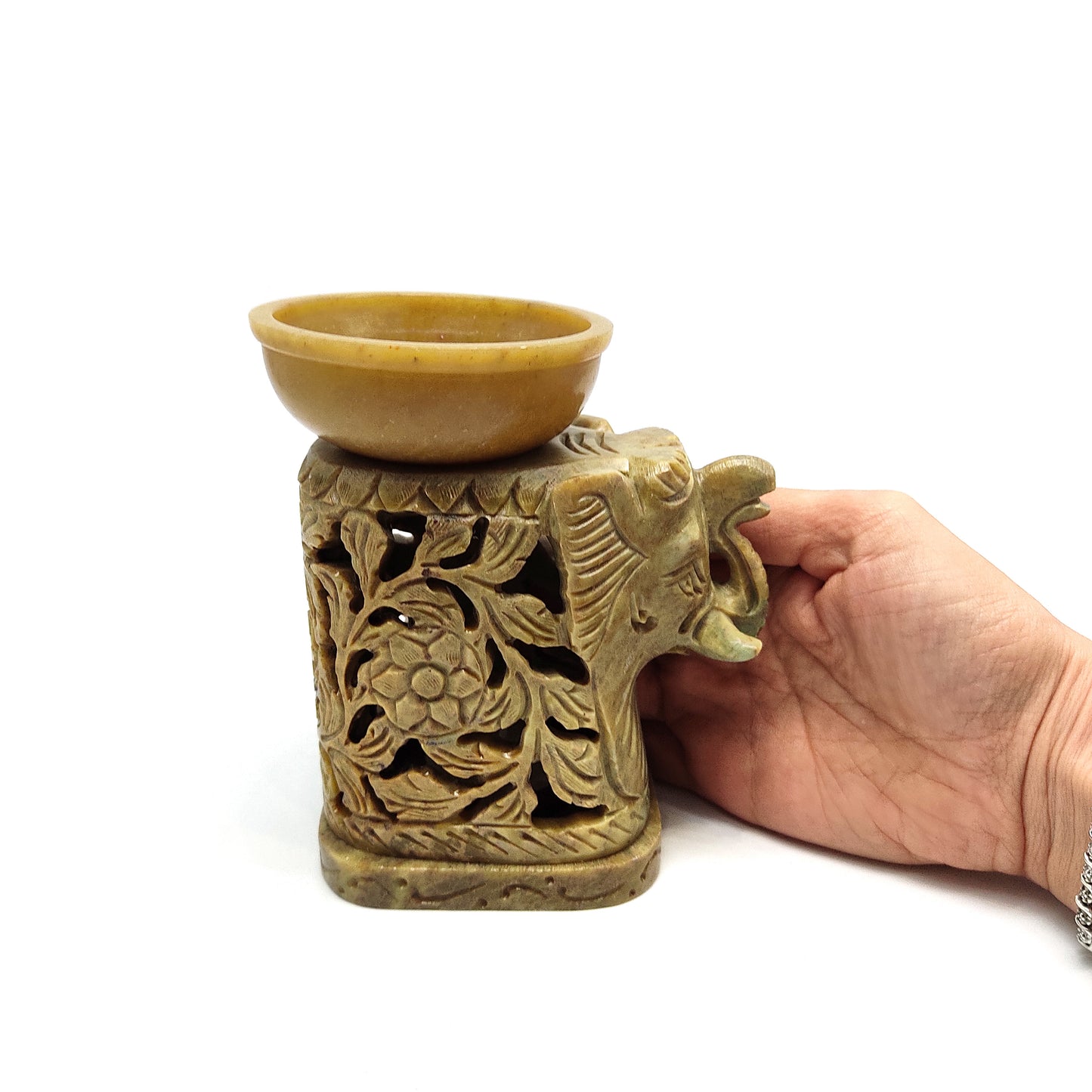 Elephant Oil Burner Diffuser Candle Holder 3-Piece Hand-Carved Soapstone 5.25"