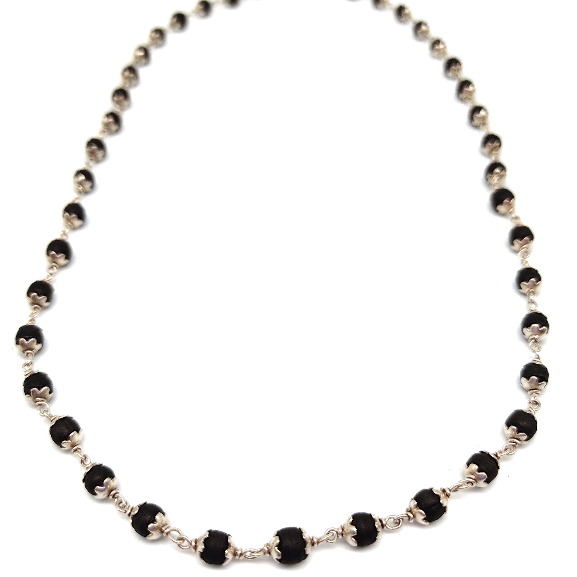 18" Black Tulsi Tulasi Beaded Sterling Silver Necklace | Krishna Kunti Mala Handmade - Montecinos Ethnic