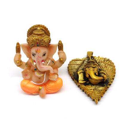 Set Ganesh Ganapati Hindu Elephant God Figurine Statue and Ganapati on Leaf - 2