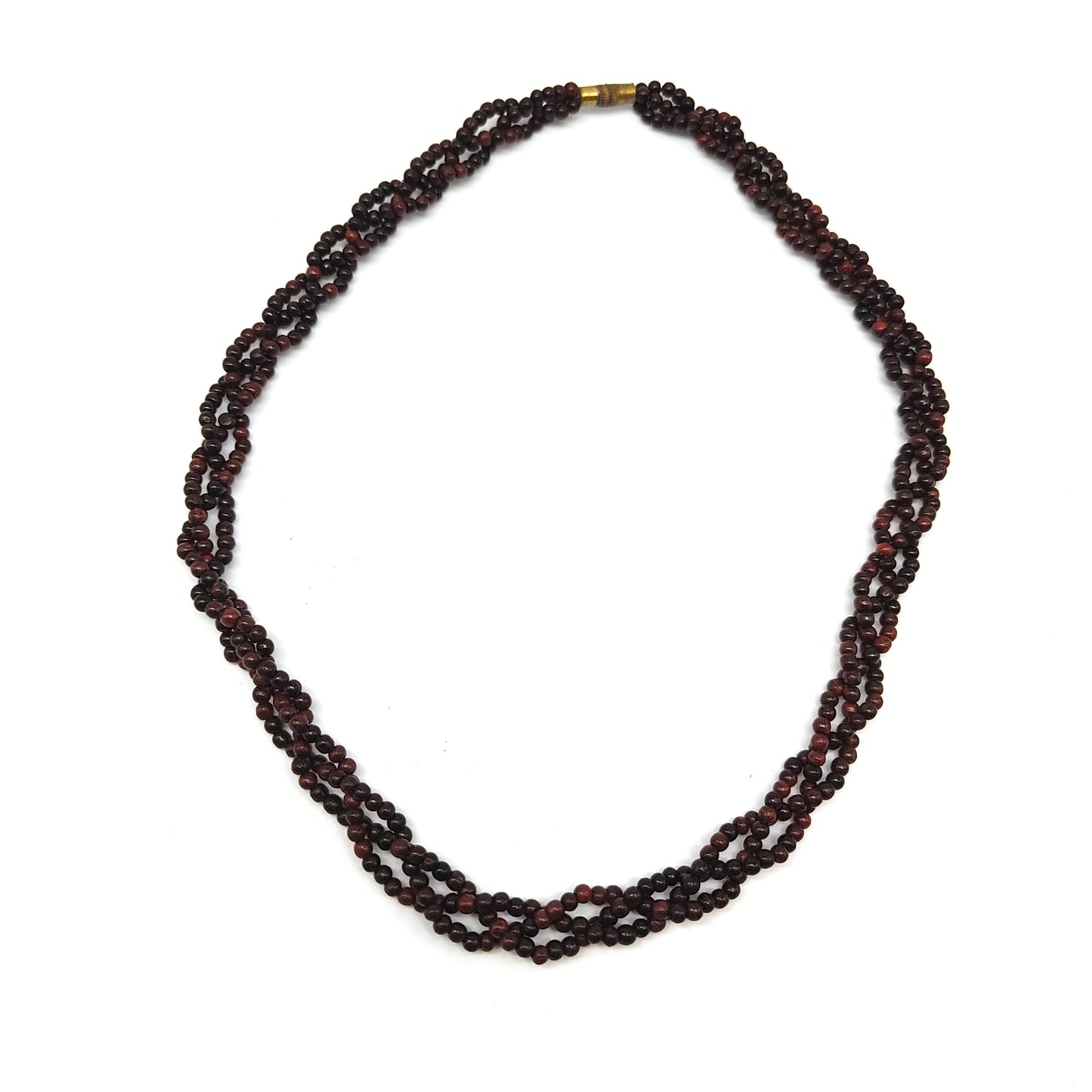 3-strand Natural Dark Beads Rosewood Handmade Braided Necklace 15" Long