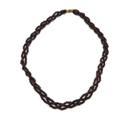 3-strand Natural Dark Beads Rosewood Handmade Braided Necklace 15" Long