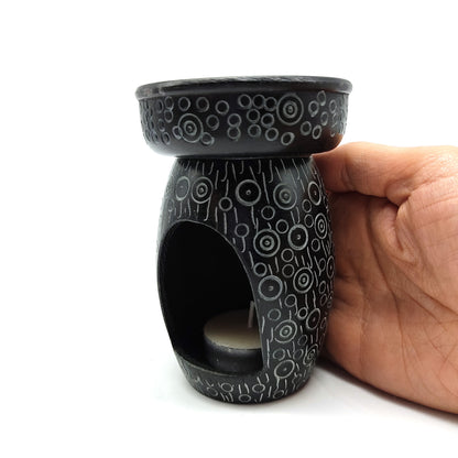 Black Oil Diffuser Warmer Decorative Soapstone Handcarved Oil Burner India 4.5"