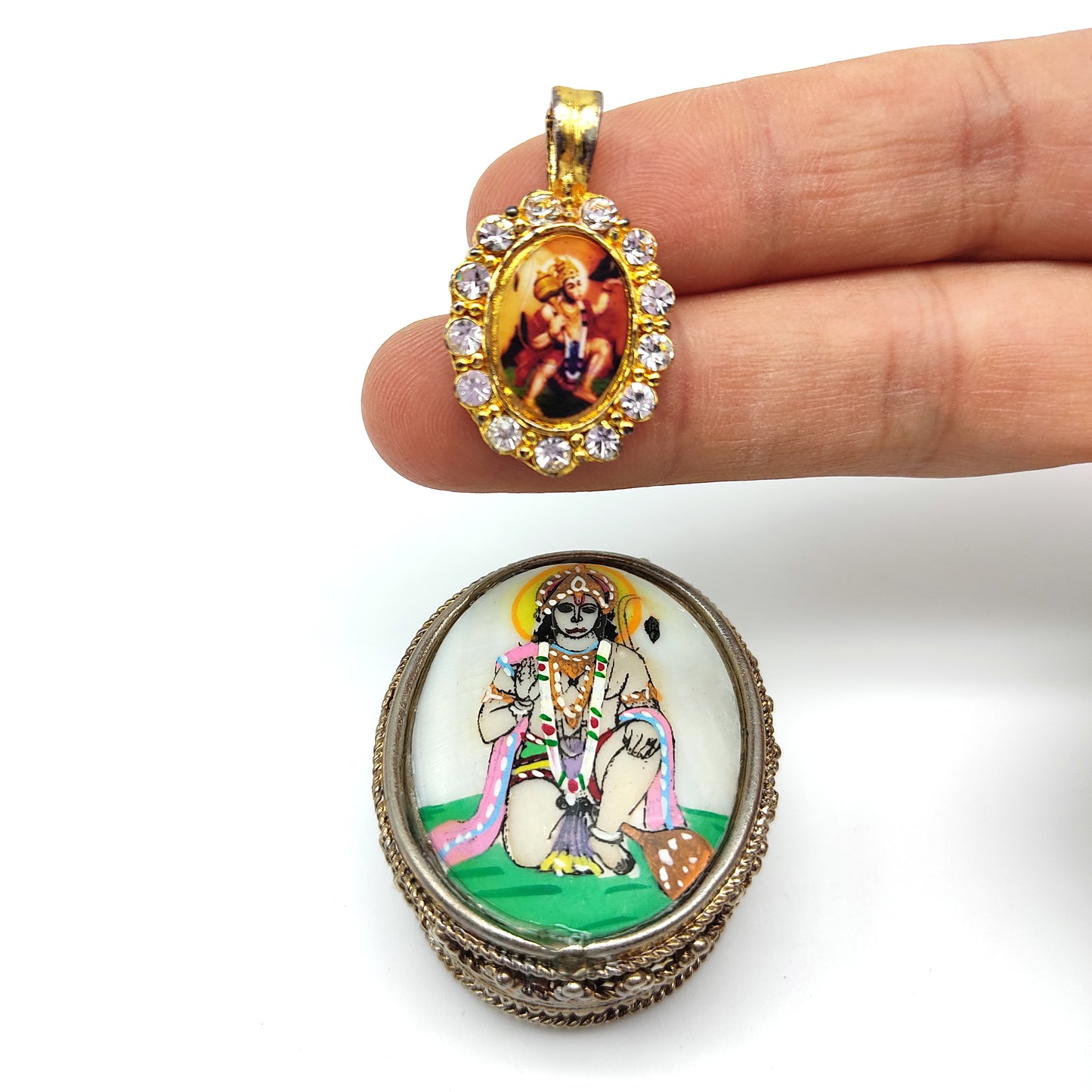 India Hand-painted Hanuman Silver Decorative Box W/ Small Pendant Inside Set