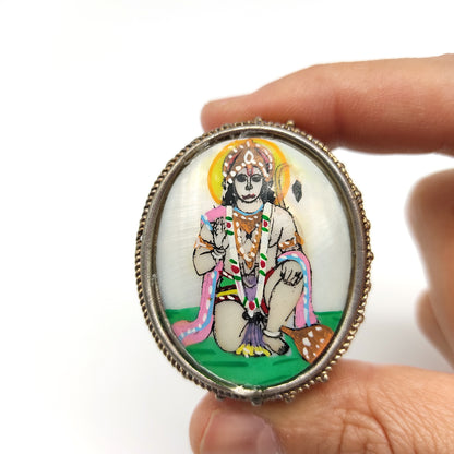 India Hand-painted Hanuman Silver Decorative Box W/ Small Pendant Inside Set