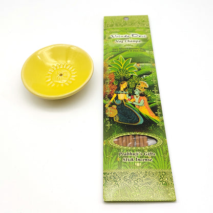 Ceramic Yellow Sun Plate Incense Burner Holder W/10 Incense Sticks Nag Champa