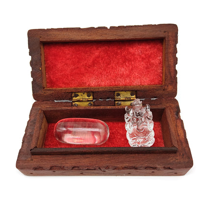 Crystal Ganesh and Lingam Statues In Hand-carved Flower Wooden Box 5"  India