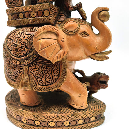 Vintage Elephant Ambari Wooden Statue Handmade India Decorative Figurine 8.5"